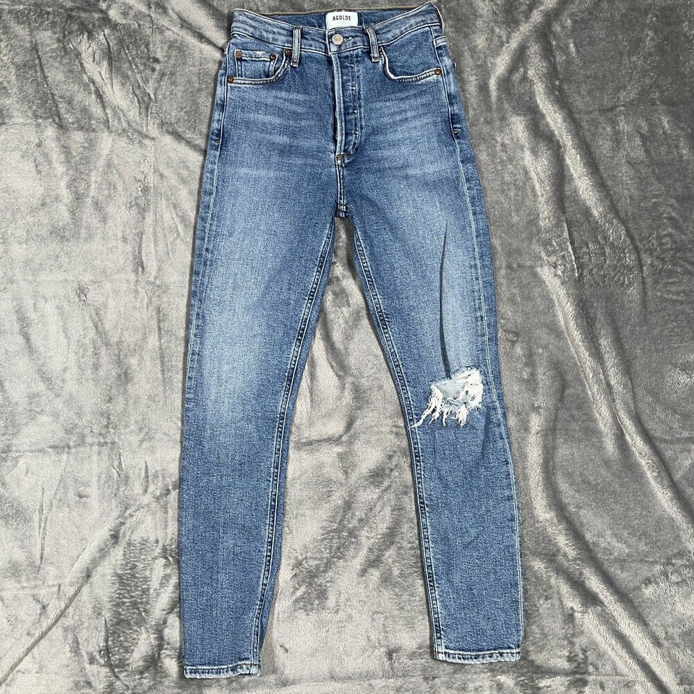 AGOLDE Jeans Womens Size 24 Light Wash Straight Sim Button Fly Distressed Slim